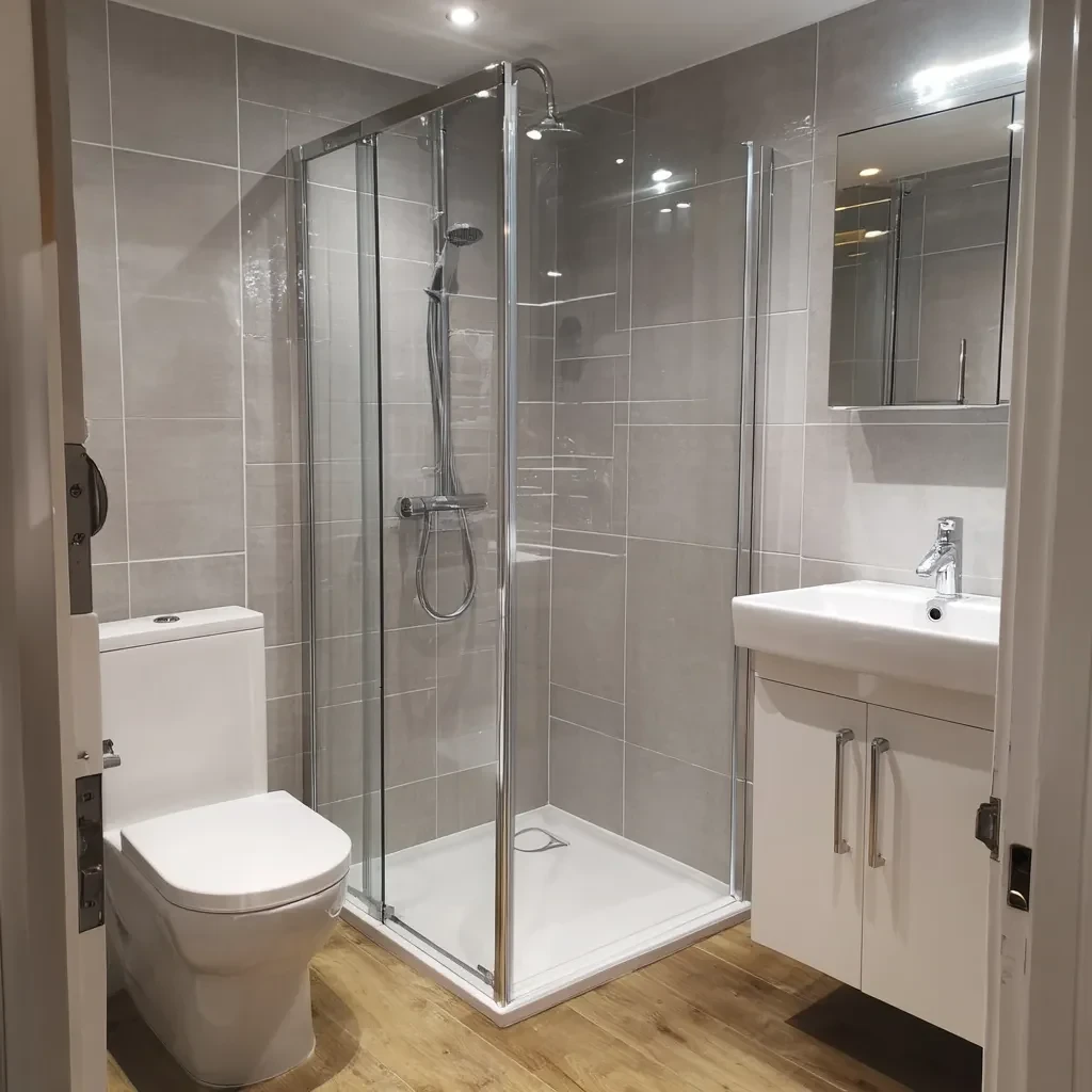 Small bathroom with white storage and a chrome shower enclosure