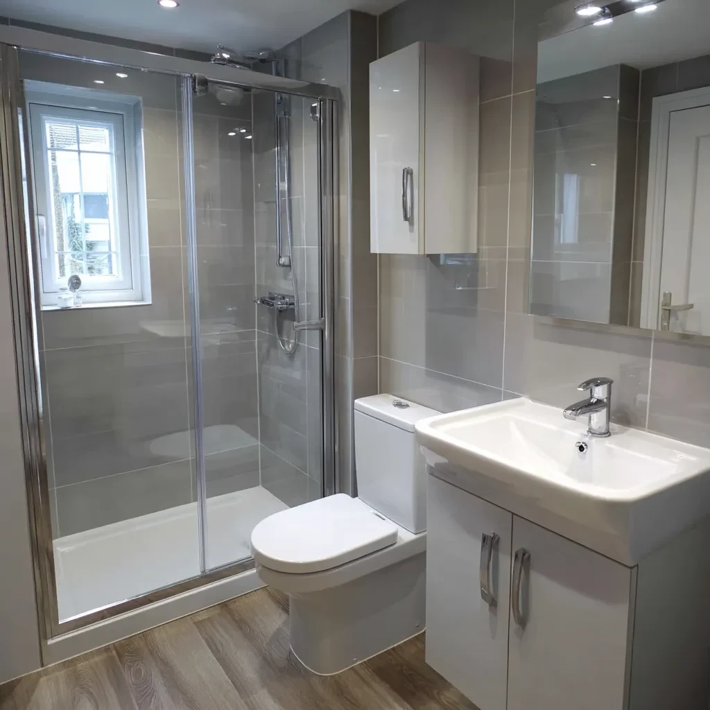 Compact shower room with white vanity and enclosed shower